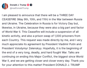 President Trump Announces Proposed 3-Day Russia-Ukraine Ceasefire Ahead of Victory Day