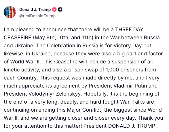 President Trump Announces Proposed 3-Day Russia-Ukraine Ceasefire Ahead of Victory Day
