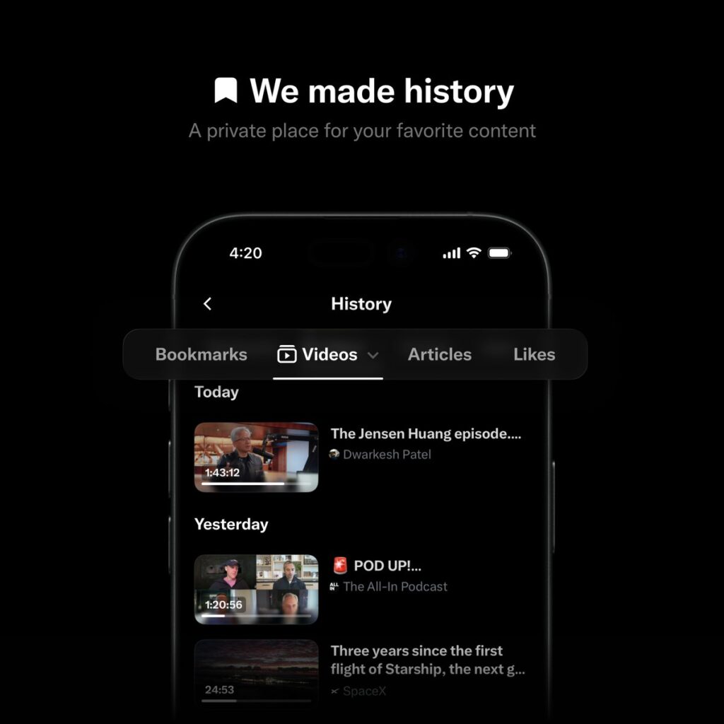 X Launches New “History” Tab on iOS for Bookmarks, Likes, Videos, and Articles